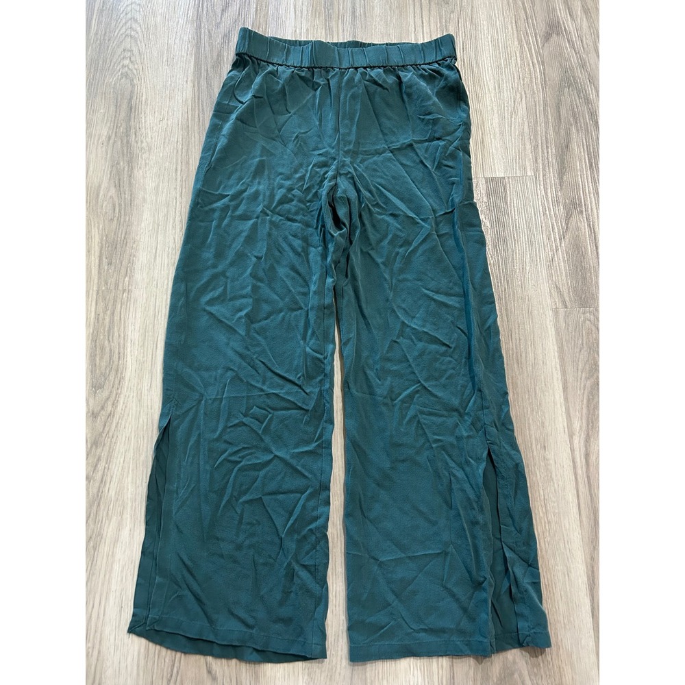 Eileen Fisher Wide Leg Side Slit Pants 100% Silk XS Teal Green Crepe Trousers